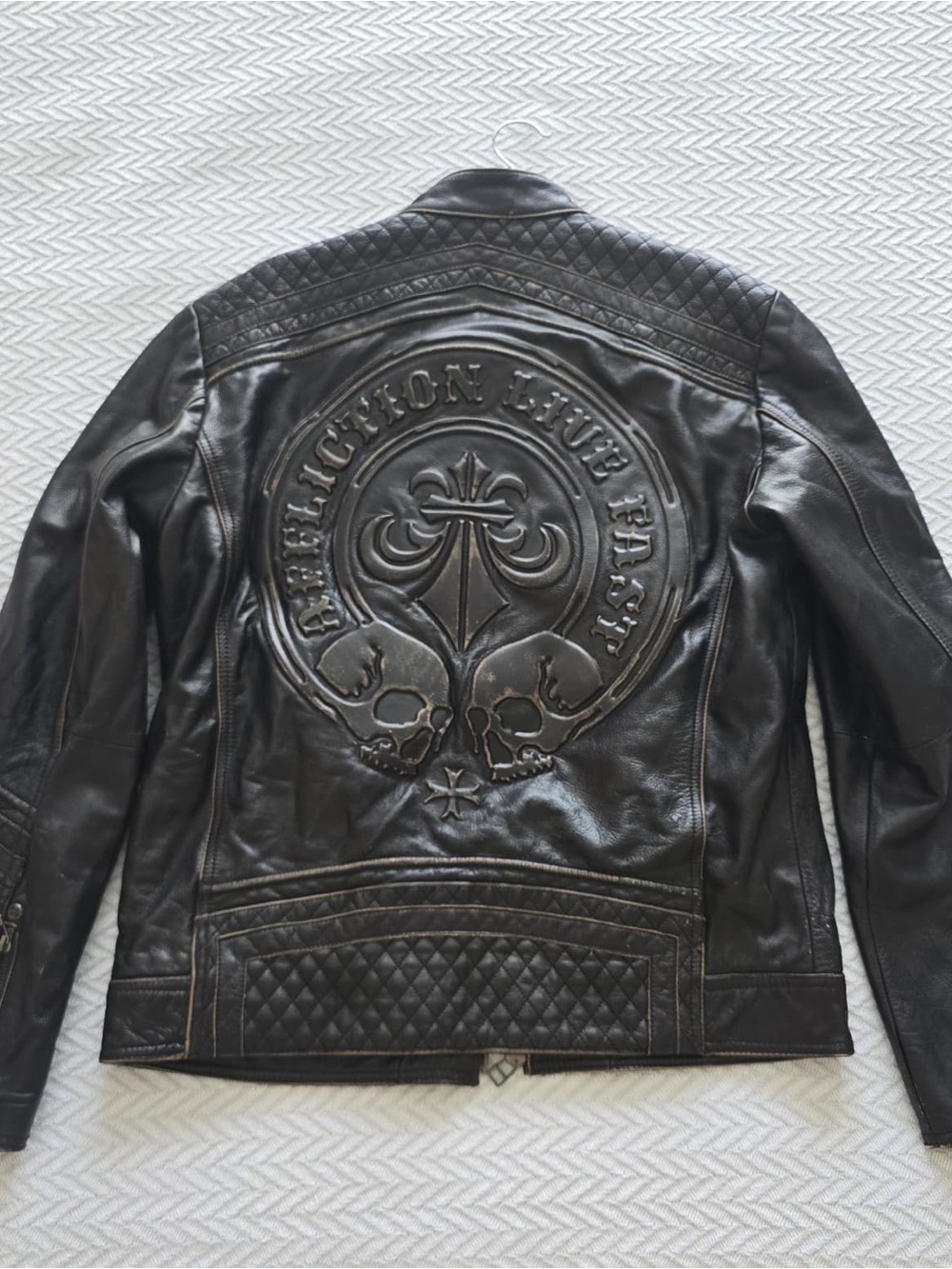 Affliction Dark Brown Embossed Leather Bomber Jacket. Limited Edition - Picture 3 of 15